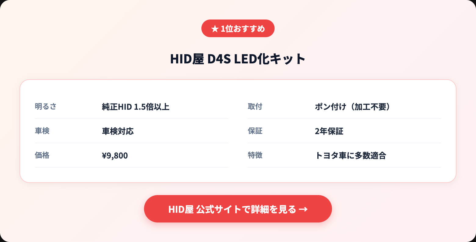 D4S LEDバルブおすすめ比較｜純正HID交換の手順・バラスト対応・車検基準まとめ recommended specs